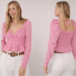 NWT Free People Chloe Smocked Tie Back Crop Top Pink Small